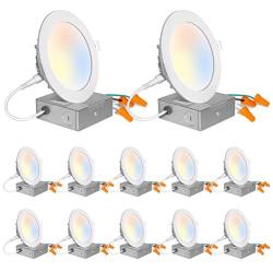 12 Pack 4 Inch 5CCT LED Recessed Ceiling Light with Junction Box, 2700K-5000K Color Temperature Selectable, CRI90, 10.5W=100W, 850lm, Dimmable Ultra-Thin Recessed Lighting, Can-Killer Downlight