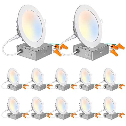 12 Pack 4 Inch 5CCT LED Recessed Ceiling Light with Junction Box, 2700K-5000K Color Temperature Selectable, CRI90, 10.5W=100W, 850lm, Dimmable Ultra-Thin Recessed Lighting, Can-Killer Downlight