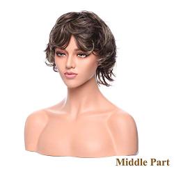 Short Fluffy Wig Dark Brown mixed Blonde Two Tones Pixie Cut Synthetic Heat Resistance Wigs for Women 12inch Long in Good Volume