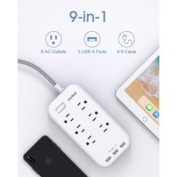 6 Outlets Power Strip Flat Plug with 3 USB Charing Ports (3.1A, 15W), 6Ft Braided Extension Cord, Wall Mountable Outlet Extender with Overload Protection Switch for Home Office Cruise Ship , White