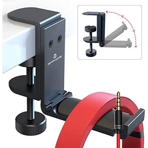 [Newest] APPHOME Headphone Stand Hanger with Cable Organizer Foldable Aluminum Headset Stand Headphone Holder Under Desk Space Save Desk Clamp Table Hook Universal Fit PC Gaming Headsets