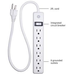 GE, White, 6 Outlet 2 Pack, 2 Ft Cord, Switched Power Strip, Integrated Circuit Breaker, Overload Protection, Wall Mountable, 3 Prong, UL Listed, 14833, Count