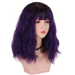 SinRany Shoulder Length Dark Root Purple Curly Fashion Anime Cosplay Wig For Women Girls