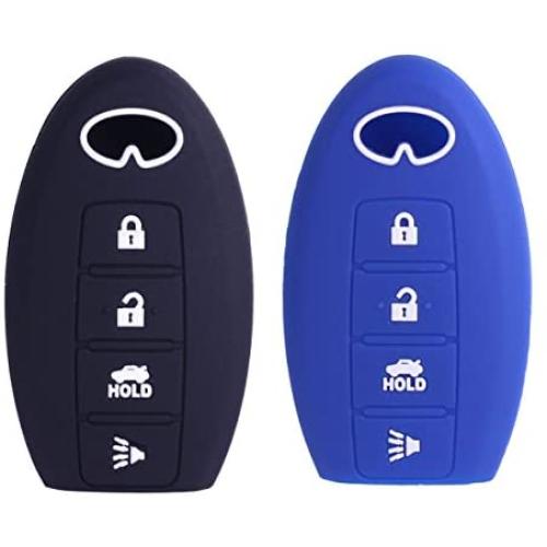 2Pcs XUHANG Sillicone key fob Skin key Cover Remote Case Protector Shell for Infiniti EX35 FX50 G35 G37 M45 QX56 FX50 M35 M56 QX60 QX80 Smart Remote 4 Button Blue Black