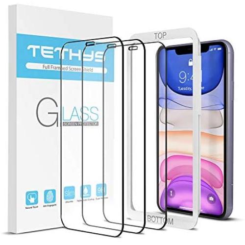 TETHYS Glass Screen Protector Designed For iPhone 11 / iPhone XR (6.1'') [Edge to Edge Coverage] Full Protection Durable Tempered Glass Compatible iPhone XR/11 [Guidance Frame Include] - Pack of 3