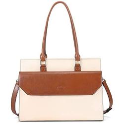 CLUCI Briefcase for Women Oil Wax Leather Vintage 15.6 Inch Laptop Business Shoulder Bag Beige with Brown