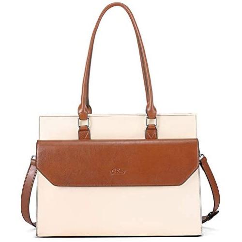 CLUCI Briefcase for Women Oil Wax Leather Vintage 15.6 Inch Laptop Business Shoulder Bag Beige with Brown