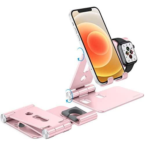 Foldable Apple Watch Stand - OMOTON Portable Aluminum 2 in 1 Charging Stand Holder Dock for Nightstand, Designed for Apple Watch, Compatible with All iPhone and Android Phones, Rose Gold