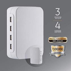 GE Ultra Pro USB Charging Surge Protector, 4 USB Outlet Adapter, 3 Outlet Wall Tap, Side Access Outlets, Automatic Shutdown Technology, 4.8A USB, 560 Joules, White, 39680