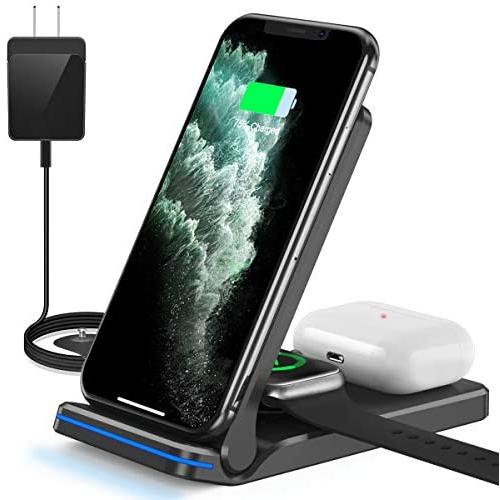 Wireless Charger, QTlier 3 in 1 Qi-Certified 15W Wireless Charging Station for Apple iWatch SE/6/5/4/3/2/1, AirPods Pro/2, Charging Stand for iPhone 12/11/X/XS/XR/Xs Max/8/8 Plus/Samsung (Black)