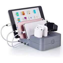 KeyEntre 6 Port USB Charging Station Multi Device USB Charging Dock Station HUB Desktop Charger Stand Organizer Compatible for iPhone ipad Airpods iwatch Kindle Tablet Multiple Devices, Silver