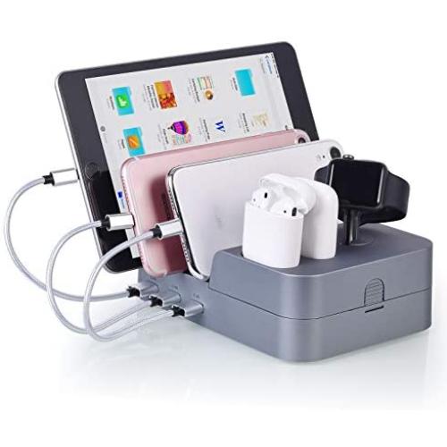 KeyEntre 6 Port USB Charging Station Multi Device USB Charging Dock Station HUB Desktop Charger Stand Organizer Compatible for iPhone ipad Airpods iwatch Kindle Tablet Multiple Devices, Silver