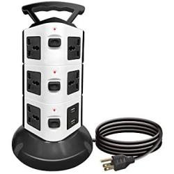 Anthenn 6 FT Power Strip Tower Surge Protector 2500W Electric Charging Station with Handle 11 Widely Spaced AC Outlets with 2 USB Slot for Home Office (3 Layer, Black)