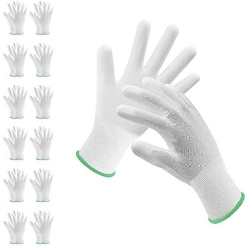 Kmitmuk 12 Pairs Ultra-Thin Polyurethane Coated Gardening and Work Gloves, Plain Nylon Knit Glove, White Polyester/ White PU Coating, Size X-Large