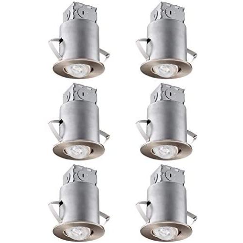 TORCHSTAR Gimbal Recessed Lighting Kit, 3 Inch Air Tight IC Rated Housing, Satin Nickel Trim, LED Dimmable GU10 Bulb, ETL Listed, 2700K Soft White, Adjustable Downlight, Pack of 6