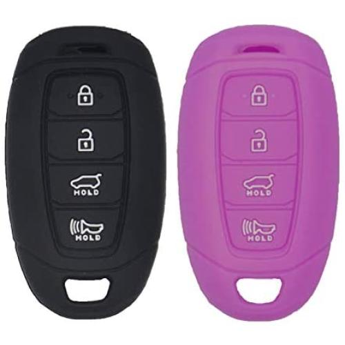 WEIBISS 2 Pack 4 Buttons Rubber Silicone Smart Key Cover Case Shell Fob Holder Bag Keyless Protector Fit for Hyundai Kona Azera Grandeur IG, Black Purple