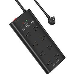 VASTFAFA 8-Outlet Surge Protector Power Strip with 3 Fast USB Charging Port/1050 Joules and 10-Foot Heavy Duty Extension Cord, FCC ETL Listed (Black-10ft)