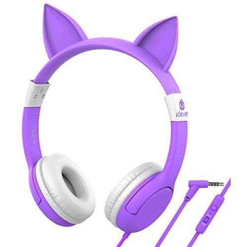 iClever HS01 Food Grade Kids Headphones with Microphone, 85/94dB Volume Control, Hello Kitty Cat Ear Headphones for Kids Boys Girls, Childrens Headphones for Online School/Travel/Tablet, Purple