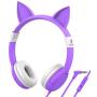 iClever HS01 Food Grade Kids Headphones with Microphone, 85/94dB Volume Control, Hello Kitty Cat Ear Headphones for Kids Boys Girls, Childrens Headphones for Online School/Travel/Tablet, Purple