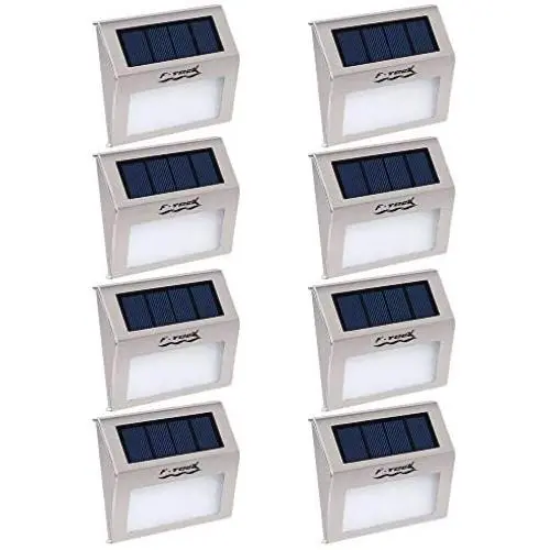 [Pack of 8] F-TECK Outdoor Stainless Steel LED Solar Step Light Wireless Super Bright Modern White Lamp Waterproof Lighting for Deck, Staircase, Walkway, Patio, Garden, Yard Auto On/Off Dusk to Dawn