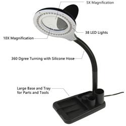 Magnifying Glass Lamp with LED Light and Stand, 5X 10X Magnifier, Lightweight and Adjustable Table and Desk Lamp for Reading, Sewing, Crafts, Hobbies, Close Work, Color Black