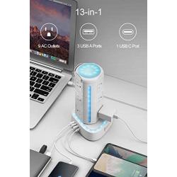 ESHLDTY RGB Power Strip Tower, Waterproof Surge Protector with USB C, 9 Child Proof Outlets 3 USB Ports, Charging Station with Music Sync Lights, 6ft Extension Cord for Gaming Setup Party Workspace