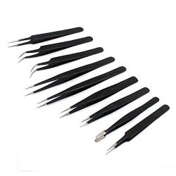 G.S 9 Pcs ESD Tweezers Tools Set Kit, Precision Stainless Steel Anti-Static Non-Magnetic Multi-Standard Tweezers Leather Bag for Electronics Jewelry Craft Laboratory Eyebrow Removal, Nail Best Quality