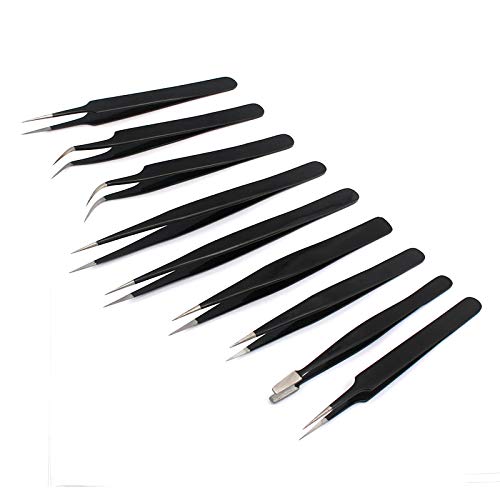 G.S 9 Pcs ESD Tweezers Tools Set Kit, Precision Stainless Steel Anti-Static Non-Magnetic Multi-Standard Tweezers Leather Bag for Electronics Jewelry Craft Laboratory Eyebrow Removal, Nail Best Quality