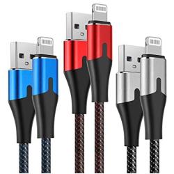 3 Foot Lightning Cable [ MFi Certified] iPhone Charger 3ft 3Pack Nylon Braided Charging Cord for Apple iPhone 11/11Pro/11Max/ X/XS/XR/XS Max/8/7/6/5S/SE/iPad Mini Air Silver Red Blue