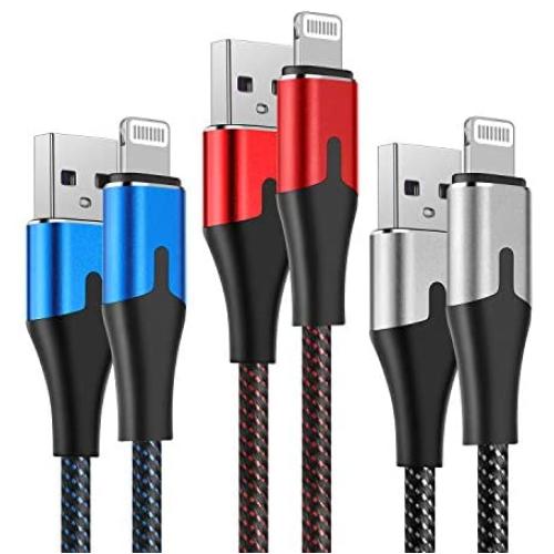 3 Foot Lightning Cable [ MFi Certified] iPhone Charger 3ft 3Pack Nylon Braided Charging Cord for Apple iPhone 11/11Pro/11Max/ X/XS/XR/XS Max/8/7/6/5S/SE/iPad Mini Air Silver Red Blue