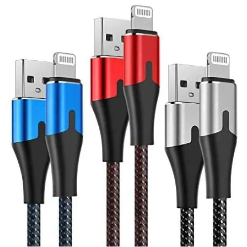 3 Foot Lightning Cable [ MFi Certified] iPhone Charger 3ft 3Pack Nylon Braided Charging Cord for Apple iPhone 11/11Pro/11Max/ X/XS/XR/XS Max/8/7/6/5S/SE/iPad Mini Air Silver Red Blue
