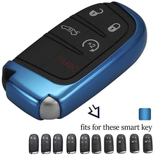 Lcyam Key Fob Cover Glossy Tpu Case Blue Fits for Dodge Ram Pickup Jeep Renegade Grand Cherokee Chrysler Compass Smart Keyless Entry Remote Key 2 3 4 5 Button