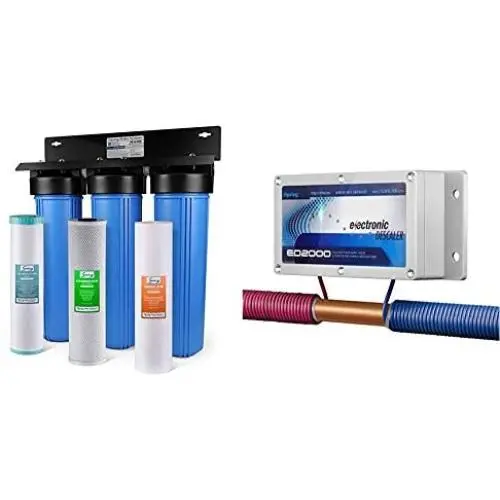 iSpring WGB32BM 3-Stage Whole House Water Filtration System w/ 20-Inch Big Blue Sediment & ED2000 Whole House Electronic Descaler Water Conditioner, Alternative Water Softener