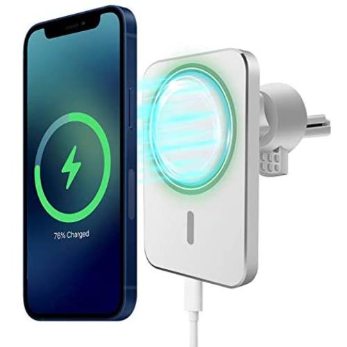 iButliv Mag-Safe Car Mount Charger, Magnetic Wireless Car Charger Compatible with iPhone 12/12 Pro/12 mini/12 Pro Max, 15W Qi Fast Charging Auto-Clamping Magnet Car Air Vent Phone Holder Mount(White)