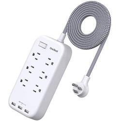 6 Outlets Power Strip Flat Plug with 3 USB Charing Ports (3.1A, 15W), 6Ft Braided Extension Cord, Wall Mountable Outlet Extender with Overload Protection Switch for Home Office Cruise Ship , White