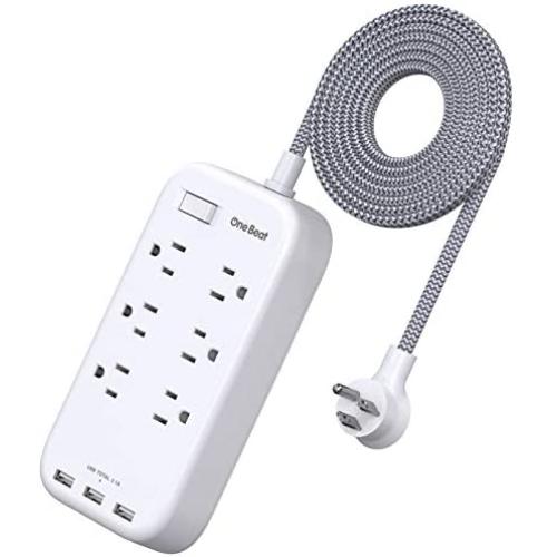 6 Outlets Power Strip Flat Plug with 3 USB Charing Ports (3.1A, 15W), 6Ft Braided Extension Cord, Wall Mountable Outlet Extender with Overload Protection Switch for Home Office Cruise Ship , White