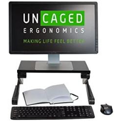 WorkEZ Monitor Stand ergonomic adjustable height and angle single computer monitor riser. Portable folding aluminum holder mount for desktop pc monitors screens organizer black