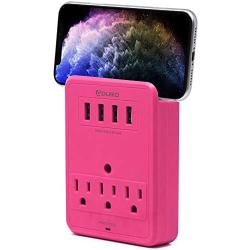 Aduro Surge Protector 3 Outlets Power Strip Station with USB (4 Ports 4.8A) Wall Mount Multiple Outlet Splitter Extender Adapter with Phone Shelf Stand ETL Listed, Pink