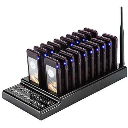 20 Channels Wireless Calling System Restaurant Guest Paging System Restaurant Call Coaster Pagers/Guest Waiting Pager/Wireless Paging System with Charging Dock and Transmitter