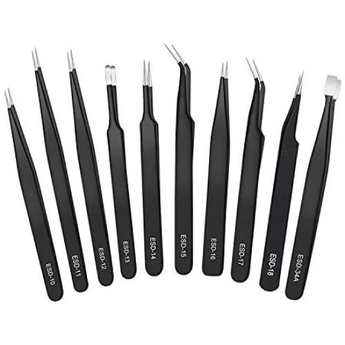 Precision Tweezers Set, 10pcs ESD Tweezers Tools Kit, Anti-Static Stainless Steel Tweezers Kit Curved, Pointed Tweezers with Storage Bag for Craft, Jewelry, Electronics, Soldering, Laboratory Work