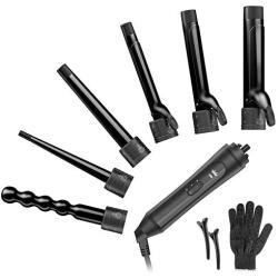 6-in-1 Curling Iron, Professional Curling Wand Set, Instant Heat Up Hair Curler with 6 Interchangeable Ceramic Barrels (0.35 to 1.25) and 2 Temperature Adjustments (Black)