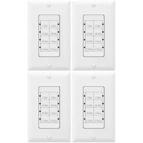 TOPGREENER Wall Countdown Timer Switch, 1-5-10-30-45 min, 1-2-4 Hour Delay Times, Light Switch Timer, 600W LED, 1/2Hp, Neutral Wire Required, UL Listed, TGT08-4, 4-Pack