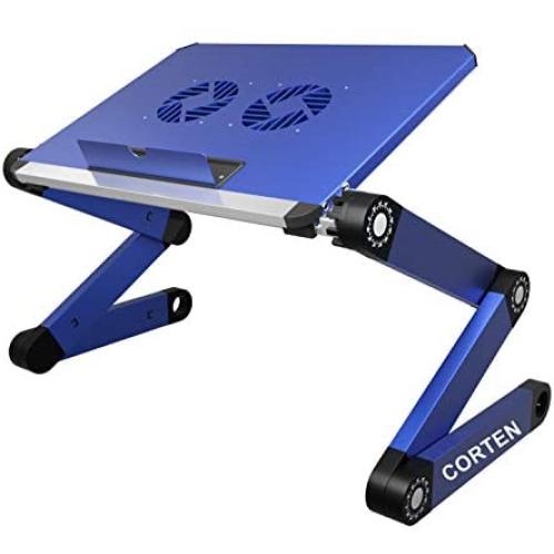 Ergonomic Portable Laptop Stand Table Desk Foldable Lap Tray for Bed Sofa Fully Adjustable Height and Angle Laptop Riser with USB Fans for Work from Home or Travel (Blue)