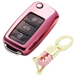 ROYALFOX(TM Luxury 2 3 Buttons Soft TPU flip Remote Key Fob case Cover for VW Volkswagen Jetta GTI Passat Golf Bora Polo Tiguan Touareg Beetle Multivan Sagitar Passat,Skoda Keychain (Pink)
