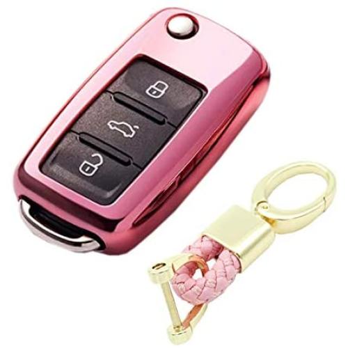 ROYALFOX(TM Luxury 2 3 Buttons Soft TPU flip Remote Key Fob case Cover for VW Volkswagen Jetta GTI Passat Golf Bora Polo Tiguan Touareg Beetle Multivan Sagitar Passat,Skoda Keychain (Pink)