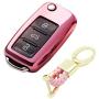 ROYALFOX(TM Luxury 2 3 Buttons Soft TPU flip Remote Key Fob case Cover for VW Volkswagen Jetta GTI Passat Golf Bora Polo Tiguan Touareg Beetle Multivan Sagitar Passat,Skoda Keychain (Pink)
