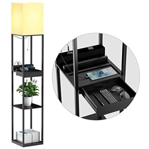 SUNMORY Shelf Floor Lamp with 3-Way Dimmable LED Bulb,Standing Lamp by Solid Wood with 2 USB Ports & 1 Power Outlet & 1 Drawer，Corner Storage Standing Bookshelf Lamp for Bedroom and Living Room