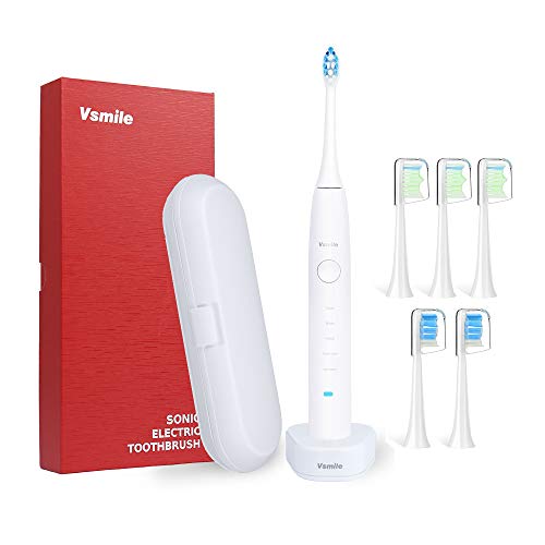 Vsmile Sonic Electric Toothbrush Lasts 80 Days on One Charge Rechargeable Inductive Charging with Travel Case Decent Box 5 Modes 6 Replacement Heads, 2200mAh Battery