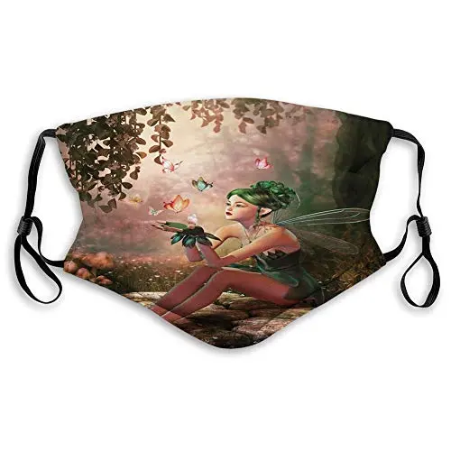 Comfortable Printed mask,Fairy, Girl with Wings and Butterflies Digital Composition Computer Graphics Elven Creature,Green Salmon,Windproof Facial decorations for Teens Size：S