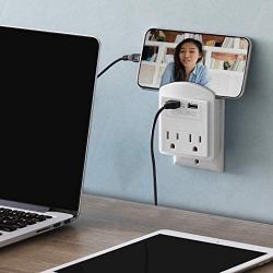 Aduro Surge Protector 2 Outlets Power Strip Station with 2 USB Ports Multiple Outlet Splitter Extender Adapter with Phone Shelf Stand ETL Listed, White